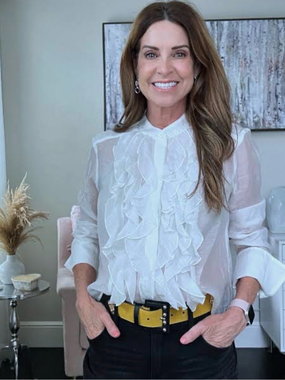 CAbi White Ruffled Sheer Blouse